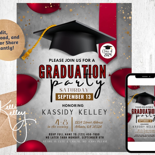 Graduation Party Invitation Gold and Black Class of 2024 Instant