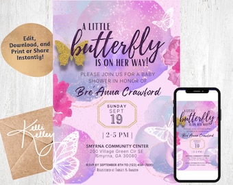 Convites do tema do chá de fraldas da borboleta | Uma borboleta pequena está em sua maneira de <br> Entrega Rápida? Chá de bebê floral borboleta rosa, roxo e dourado para menina
