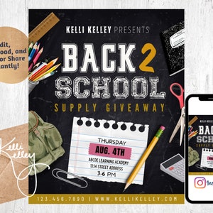 Back to School Flyer, Editable School Supply Giveaway Instagram Post | School Supply Drive Announcement, Instant Download Invite, Printable