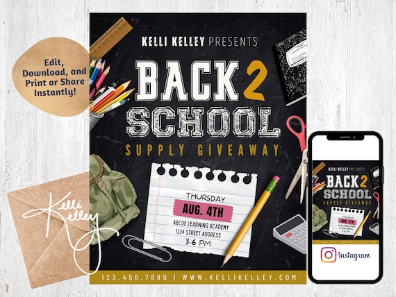 Back to School Flyer, Editable School Supply Giveaway Instagram Post | School Supply Drive Announcement, Instant Download Invite, Printable