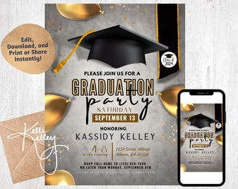May include: A graduation party invitation with a black graduation cap, gold balloons, and a gray background. The text reads "Please join us for a graduation party, Saturday, September 13, Honoring Kassidy Kelley, 4-8 in the evening, 1234 Street Address, Atlanta, GA 30326, RSVP full name to (123) 456-7890, no later than Monday, September 8th, Attire is cute & casual, no jeans please."