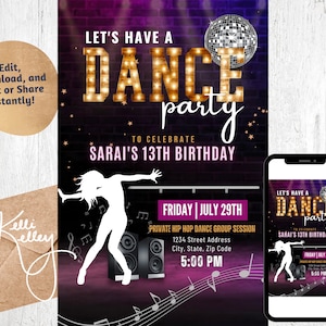 Dance Party Editable Invitation | Dancing, Girl Teen, Adult Birthday, Hip Hop, Disco Birthday Party Evite | Instant Download, Printable