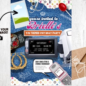 May include: A blue denim invitation with a white crown, the words "you're invited to Brielle's Y2K THEMED 21ST BDAY PARTY", and a date and time for the party. The invitation is decorated with images of a camera, a cell phone, a lollipop, and a pair of hoop earrings.