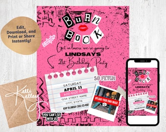 Mean Girls Party Invitation | Burn Book Invite, Mean Girls 21st Birthday or Bachelorette Party | Editable and Printable- Instant Download