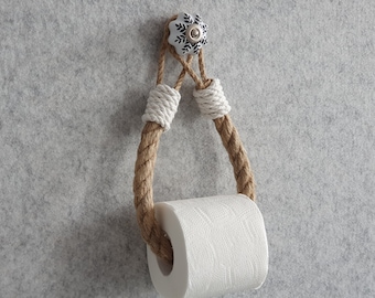 Porte-papier hygiénique - Crochet en céramique - Corde de jute - Accent corde en coton blanc - Accessoires de salle de bain - Style bohème - Décoration provençale - Porte-serviette