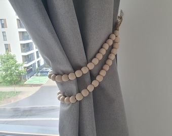 Handmade Wood Bead Curtain Tieback, Jute Rope Garland, Boho Farmhouse Decor