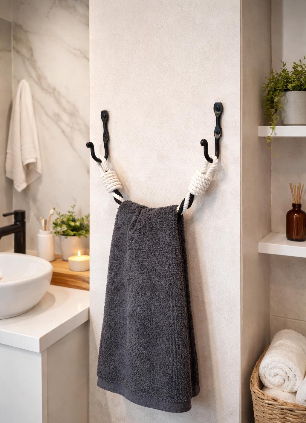 Cotton Rope Towel Holder – Black & White, Metal Hooks, Multiple