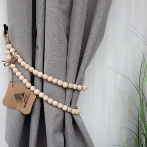 Wooden Bead Curtain Tieback: Rustic Jute Rope, Natural Wood
