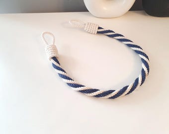 Nautical Curtain Tiebacks – Twisted Navy Jute and White Cotton Rope Holdbacks