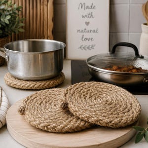 Handgefertigter Topfuntersetzer-Set aus Jute, runde Topflappen, Topflappen, rustikale Küchenmatte, Pfannen- & Topfschutz, Jute-Untersetzer, hitzebeständiger Untersetzer