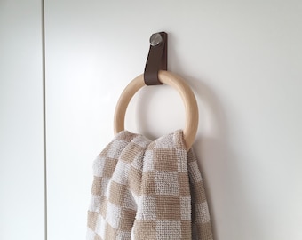 Handmade Wooden Towel Ring with Leather Strap | Rustic Bathroom Holder