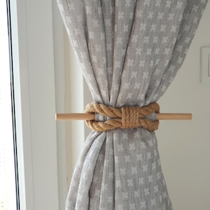Handmade Curtain Tiebacks – Natural Jute Rope with Wooden Stick – Rustic Window Accessories