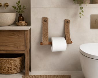 Handmade Jute Toilet Paper Holder, Rustic Farmhouse Bathroom, Wall Mounted Wood Dowel TP Holder
