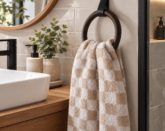 Wooden Towel Ring with Leather Strap, Handmade Wall Mounted Bathroom Towel Holder, Rustic Minimalist Bathroom Decor