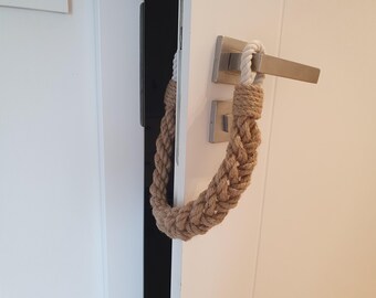 Handmade Jute Rope Door Stopper, White Cotton Loops, Rustic Nautical Decor