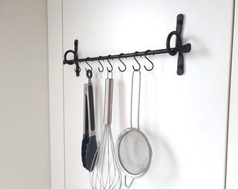 Hand Forged Kitchen Utensil Rack, Black Metal Wall Mounted Towel Holder, Rustic Iron Rail with 7 Hooks, Handmade Kitchen Organizer