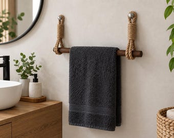 Jute Rope Towel Holder with Wooden Dowel & Metal Wall Hooks – Handmade Rustic Bathroom Rack