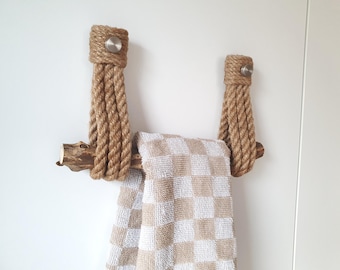 Handmade Driftwood Jute Rope Towel Holder | Rustic Coastal Bathroom Décor