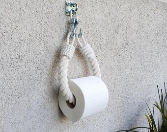 Portarrollos de papel higiénico de cuerda blanca - Estilo industrial con ganchos galvanizados, decoración minimalista para baño
