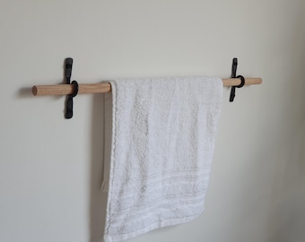 Hand-Forged Iron Towel Rack with Wooden Dowel | Rustic Farmhouse Bathroom Holder