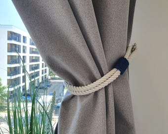White Cotton Rope Curtain Tieback, Navy Blue Wrap, Nautical Window Holder