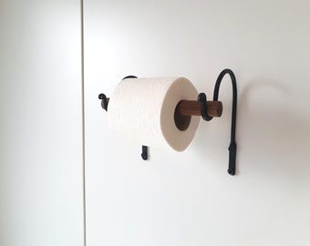 Wooden Toilet Paper Holder with Black Forged Hooks – Dark Rosewood Beech Wood Bathroom Wall Mount