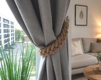Jute Rope Curtain Tieback with White Cotton Rope Loops