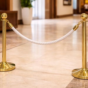 May include: Two polished gold stanchions with a white rope barrier. Each stanchion has a round base, a vertical pole, and a decorative ball on top. The rope is attached to the stanchions with gold-colored clasps. The floor is a light beige color.