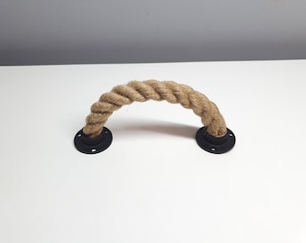 Handcrafted Drawer Pull .. Jute Rope Handle with Black Metal Hardware.. Modern Cabinet Knob