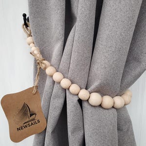 Wooden Bead Curtain Tieback with Jute Loops ..Natural Unfinished Wood, Rustic Handmade Decor