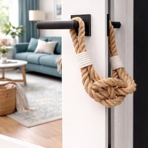 May include: A door handle with a square black plate and a dark brown cylindrical handle. A decorative rope loop, made of thick, light brown rope with white accents, hangs from the handle, adding a nautical touch to the door.