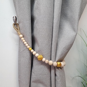 Natural Wooden Curtain Tieback with Gold Accents – Handmade Beaded Curtain Holder