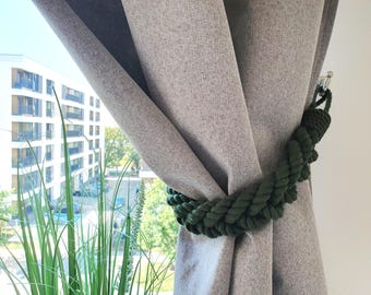 Dark Green Braided Cotton Rope Curtain Tieback, Handmade Farmhouse Window Holder