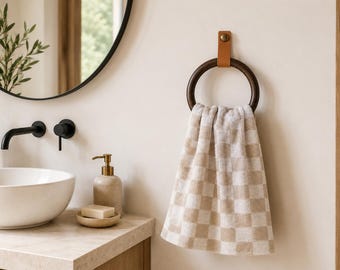 Wooden Towel Ring with Leather Strap | Handmade Bathroom Towel Holder