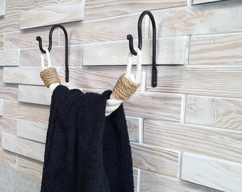 Towel Holder - Toilet Paper Holder - Bathroom Decor - Metal Hook and Natural Rope - Black Forged Hook - Jute Rope - Cotton Rope