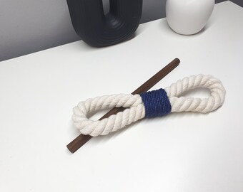 Natural Cotton Curtain Tieback with Dark Blue Rope and Wooden Pin – Handmade Rope Holder