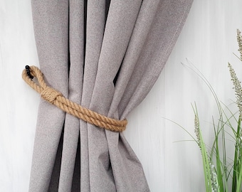Amarração de cortina feita à mão com corda de juta: decoração rústica de fazenda
