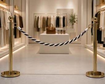 Handcrafted Cotton Rope Barrier with Metal End Rings | White Black Twisted Queue Rope
