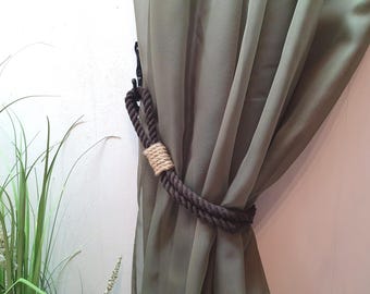 Brown Cotton Curtain Tieback with Jute Décor – Optional Black Wrought Iron Hook
