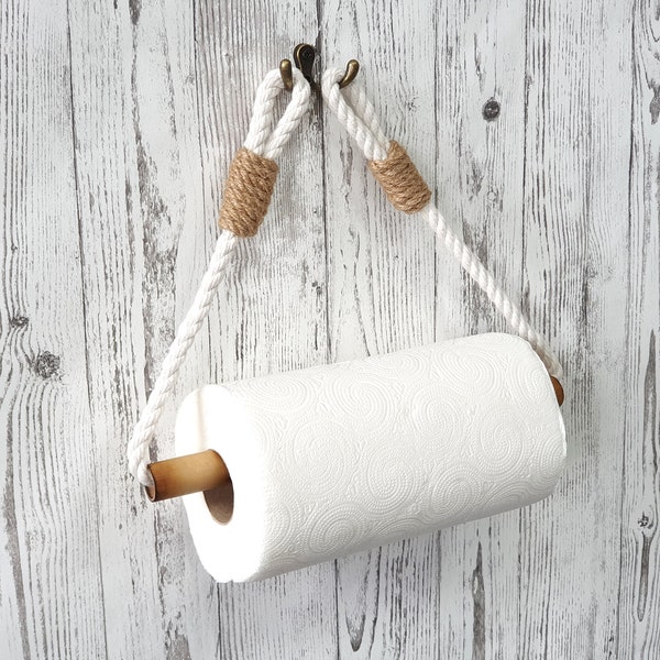 Paper Towel Holder - Bamboo Roll Holder - White Cotton Rope Nautical Decor - For kitchen - Towel Holder