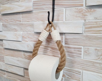 Porte-papier hygiénique en corde de jute - Décoration de salle de bain - Style shabby chic - Crochet en métal et corde de jute naturelle - Crochet forgé noir