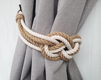 Decorative Knot Curtain Tieback.. Jute and White Double Rope Design, Handmade Rustic Accent