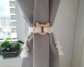 Abrazadera de cortina con forma de cabeza de gato: cuerda de algodón y decoración de madera
