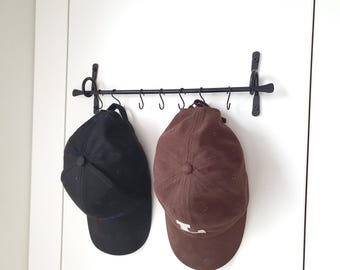 Black Forged Hat Rack with 7 Hooks, Metal Baseball Cap Holder, Wall Mounted Cap Organizer, Handmade Black Coat & Beanie Storage