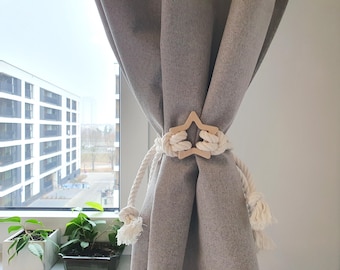 Alzapaños de cortina con forma de estrella: cuerda de algodón y decoración de madera