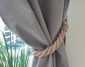 Handmade Oatmeal Cotton Rope Curtain Tieback, Farmhouse Window Holder, Custom Length Beige Braided Tie