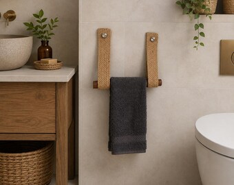 Handmade Jute and Wood Towel Holder, Wall Mounted Farmhouse Bathroom Decor