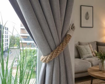 Jute Rope Curtain Tieback with White Cotton Loops