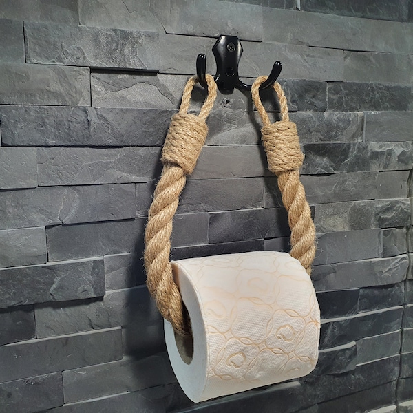 Porte-papier hygiénique en corde de jute - Décoration de salle de bain - Style shabby chic - Crochet en métal et corde de jute naturelle