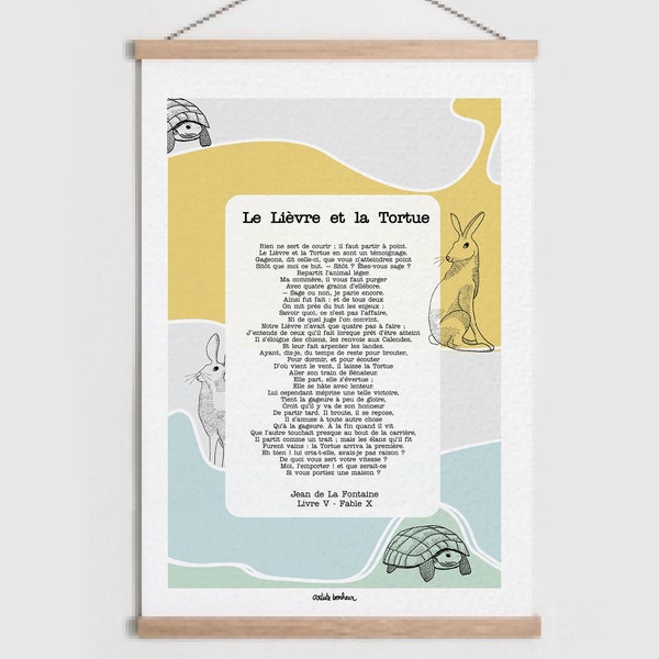 Le Lièvre et la Tortue - Jean de La Fontaine French Poems print, french poster for child bedroom, classroom, bunny and turtle